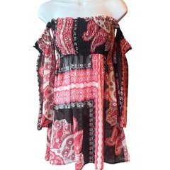 Dries Van Noten Sheer Off Shoulder Boho Patchwork Bandana Print Mini Dress Lrg