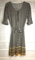 Tacera Black Beige Polyester Gold Zip Front Belted Dress 3/4 Sleeves Size 6 EC!