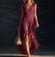 Ladies Romantic V Neck Ruffle Hem Dress Sleeveless Casual Flowy Maxi Sundresses