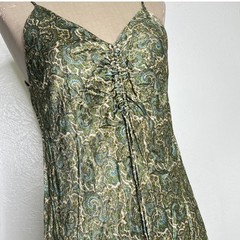Zara Green Satin Paisley Mini Slip Dress Ruched Adjustable Straps Size Small