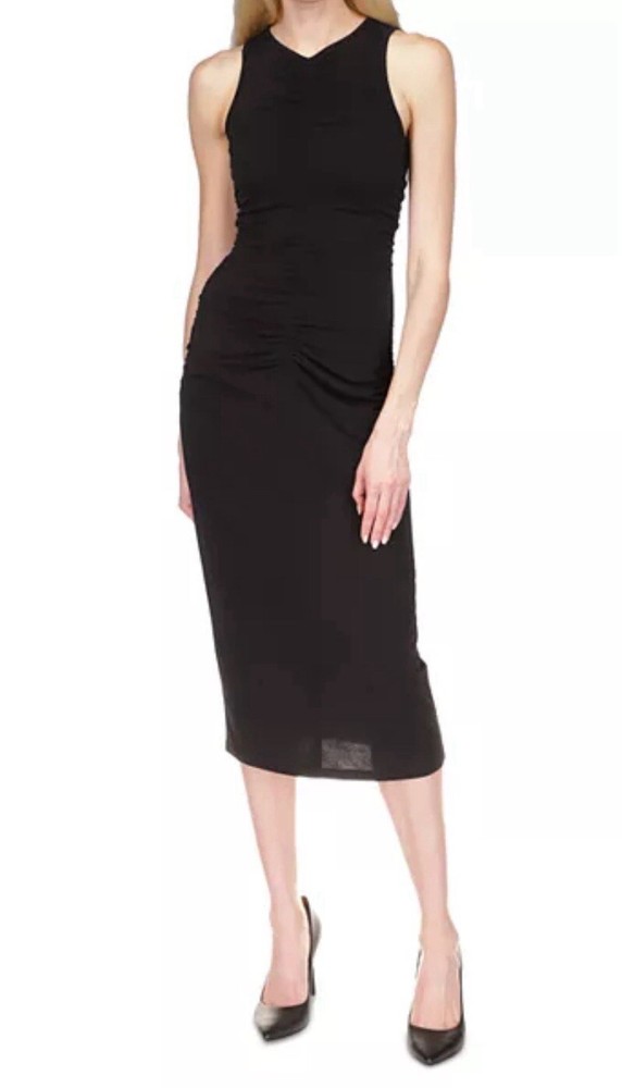 MICHAEL Michael Kors Sleeveless Front Ruched MIDI Dress, Black, Large $140