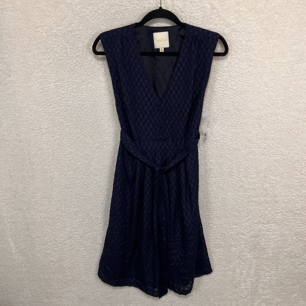 NWOT ModCloth Dress Womens S Navy Blue Chevron Sleeveless Belted Pockets