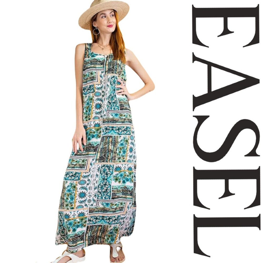 SIZE S/M EASEL AQUA Patchwork Print Poly Crepe Loose Fit Maxi Dress BHCS