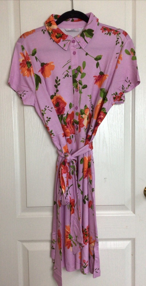 Isaac Mizrahi Live Short Sleeve Purple Floral Dress W Belt And Pockets L