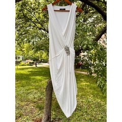 Robert Rodriguez White V-Neck Draped High/Low Cocktail Rhinestone DressSz 4