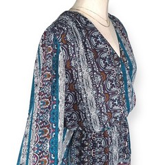 NORDSTROM CHELSEA28 Boho Print Babydoll Blouson Dress Mini Puff Sleeve Teal Red