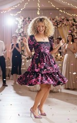 Alice + Olivia Emmalou Tiered Mini Floral Puff Sleeve Dress 8 M Pink Black $395