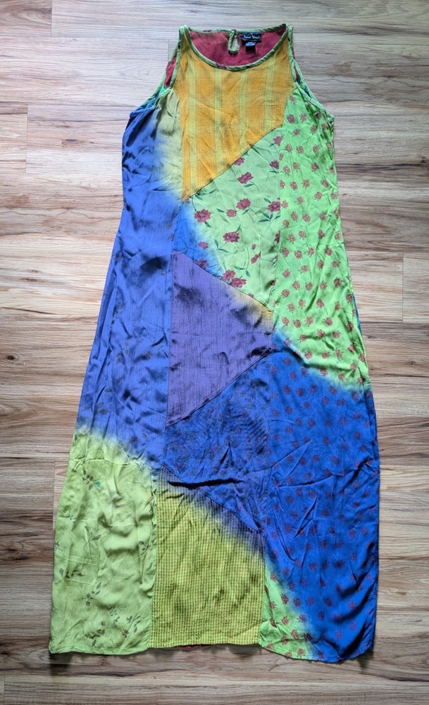 Sacred Threads Patchwork Maxi Dress SM Rayon Boho Whimsigoth Tie Dye Floral Indi
