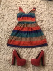 Womens JACK Striped Colorblocked A-Line Dress Sz. S Green Blue Red & Beige Pleat