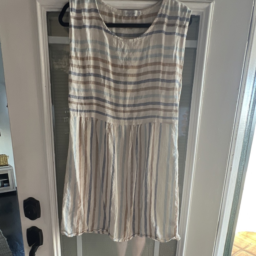 Due Per Due Blue/White/Beige Striped 100% Linen Scoop Neck Sleeveless Dress M
