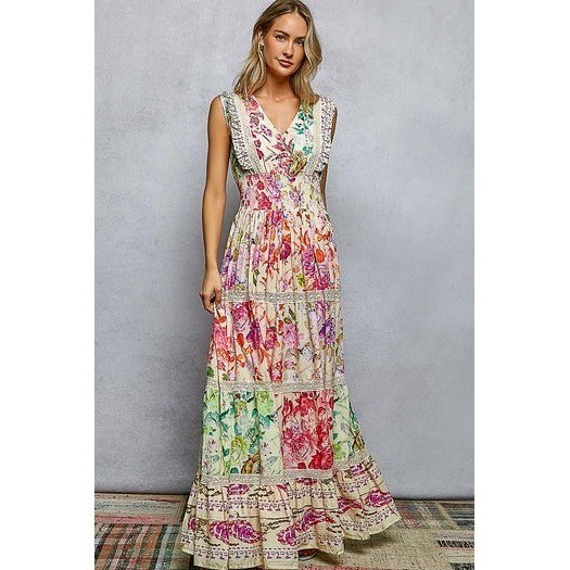 POL Womens Floral Patchwork Tiered Maxi Dress Smocked Waist Lace Trim Multi S