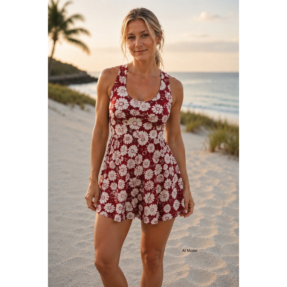 Boho Floral Open Back Mini Dres Large Festival Cottagecore Red Ivory Romantic