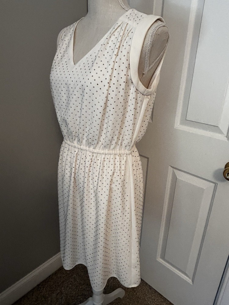 MAISON JULES~SIZE MEDIUM~IVORY AND GOLD RHINESTONE POLKA DOT SLEEVELESS DRESS~M