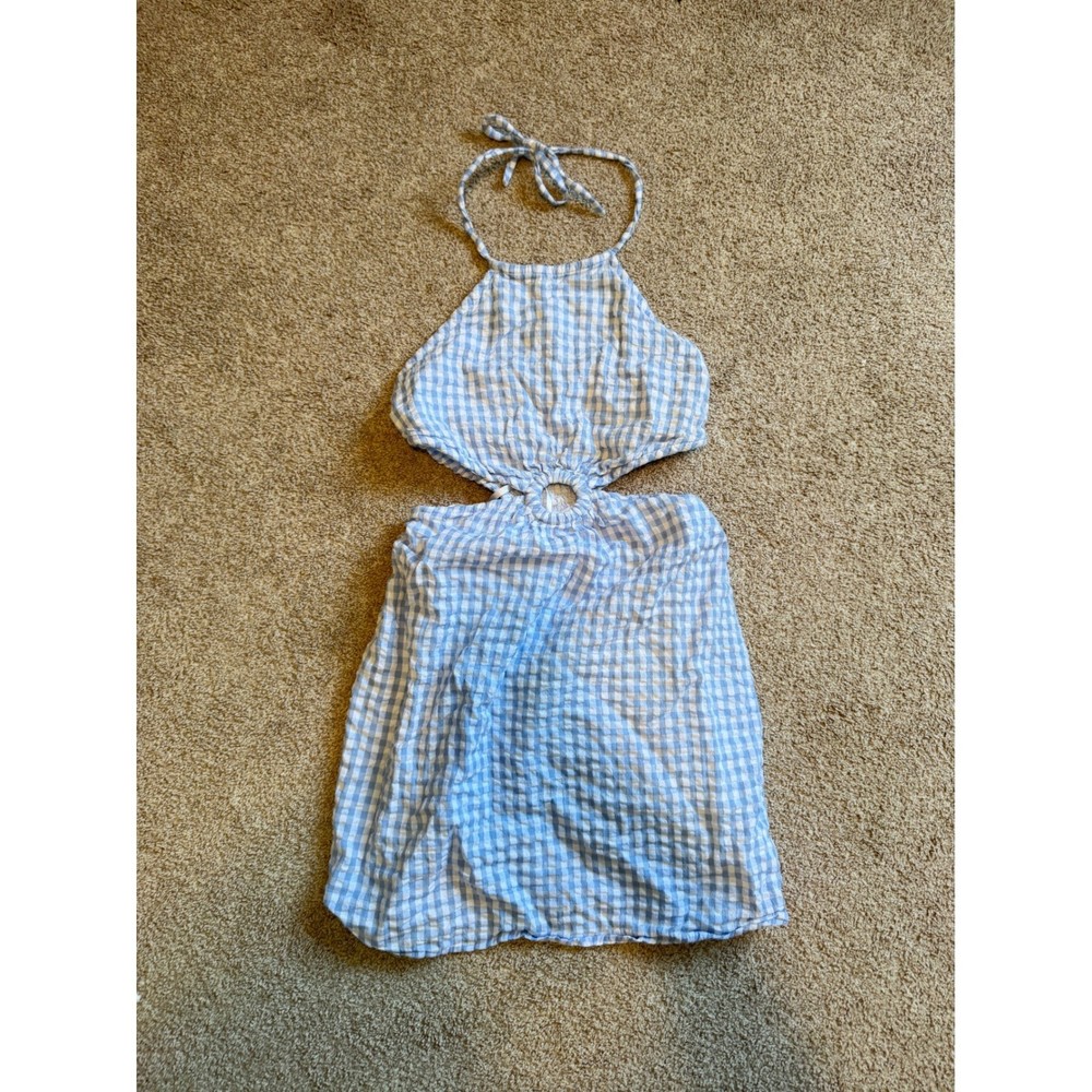 Sim & Sam Blue Gingham Halter Mini Dress O-Ring Cutout Smocked Back Small