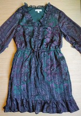 Frye Knee Length Dress Ruffle Buttons Lurex Green Purple Floral Size M Women&rsquo;s