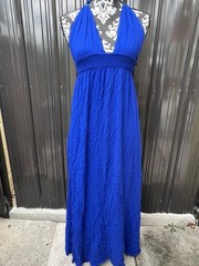 Forever 21 Women’s Blue S Maxi Dress V-Neck Halter Smocked Backless Tassel