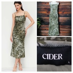 Cider Midi Dress Size L NWT Olive Green Floral Ruched Adjustable Straps Stretch