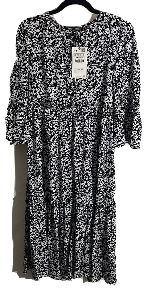 NEW ZARA Black White PRINTED MIDI DRESS Slot Collar Tied A-line Size S B1164
