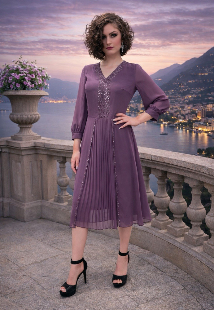Women’s Solid Red Purple Beaded V-Neck Pleated A-Line Midi Dress S Regular