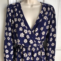 Brigitte Bailey Mini Size L Long Sleeve Floral On Blue Vneck Faux Wrap