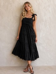 Sézane Black Eyelet Tiered Midi Dress Tie Strap Cotton Viscose Boho EU 38 US 6