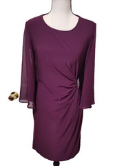 WOMEN&rsquo;S PURPLE RUCHED SHEAT COCKTAIL DRESS RHINESTONE ACCENT BELL SLEEVE SMALL