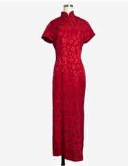 Vintage Dressbarn Red Floral Jacquard Cheongsam maxi dress bold eastern chic 6/8
