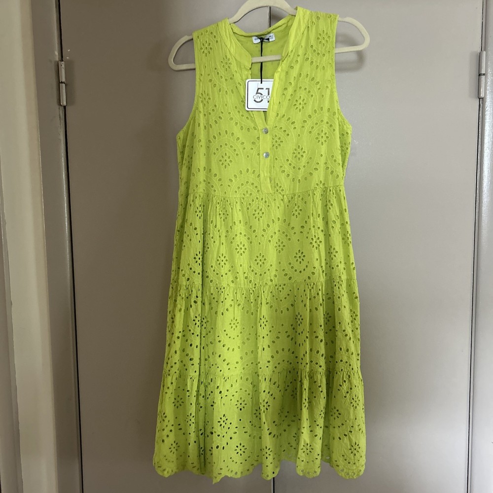 NWT WOMENS MADE IN ITALY GREEN COTTON EYELET MIDI DRESS, Size S