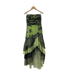 Vintage Y2K Green Black Floral Mesh Beaded Gothic Fairy Whimsy Dress XL