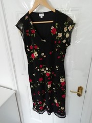 Vintage Etam Size 16 Dress Mesh Midi Wrap Effect Black Red Green Floral 90s Y2K