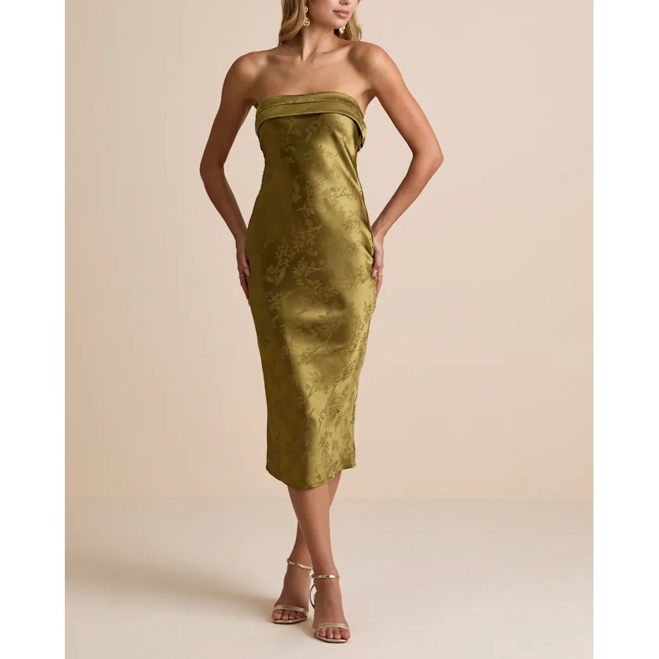 NWT Lulus Impressive Favorite Olive Jacquard Strapless Midi Dress XS