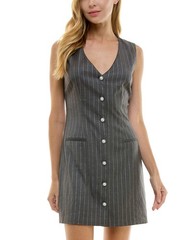 City Studios Juniors&rsquo; Metallic-Striped Faux-Pearl-Button V-Neck Jacket Dress