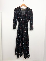Maje Rayema Floral Midi Dress Size 1 UK 8 Black V Neck Asymmetric Hem