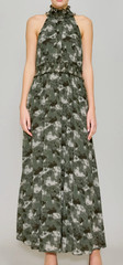 NWT Melloday Chiffon Maxi Dress Womens Small Green Camo Halter Smocked Pockets