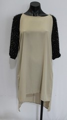 Black Women&rsquo;s Beaded Elbow Sleeve Midi Shirt Dress CN6 Beige Large NWT