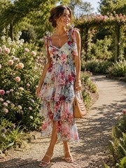 Lulus White Floral Multi Tiered Ruffle Wedding Guest Bridal Dress Size Large