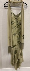 Lillie Rubin 100% Silk Green Beaded Floral Embroidered Dress Size 4 & Scarf
