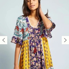 Anthropologie PATCHWORK TRAPEZE MINI DRESS Lilka Babydoll cottage core yellow XL