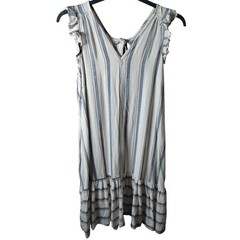 Next Dress Size 16 White Blue Stripe Linen Blend Ruffle Tiered Bow Pocket V Neck