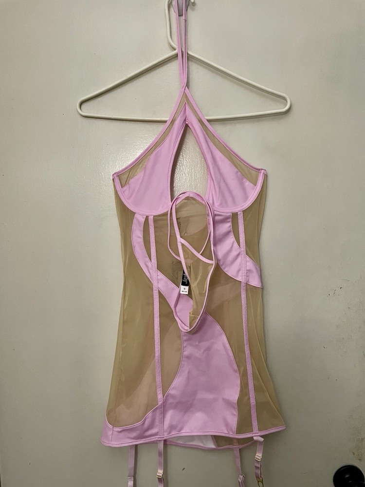 Dolls Kill Forplay pink mesh dress with adjustable straps and panty new w/ tags
