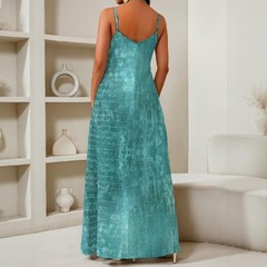 Blue Textured V-Neck Spaghetti Strap Maxi Dress Sleeveless Pullover Size L