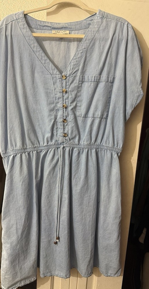 Speed Limit Light Blue Chambray Sundress with Button Front, Drawstring, Pockets