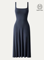 Square Neck Flowy Midi Dress with Built-In Bra Women