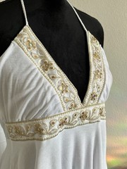 White/Gold Solid Halter V-Neck Mini Dress Sleeveless Embroidered Beaded L