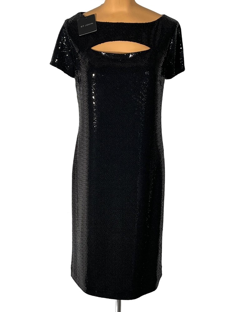 NWT ST. JOHN Knits Black Sequin Stretch Crepe Sheath Shift Dress sz 16 $1495