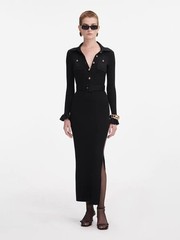 Self-Portrait Side split Flip collar Flared sleeves Knitted dress Belt