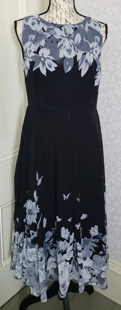 NWT Tendency brand black sleeveless maxi dress w gray & white flowers, ladies&rsquo; M