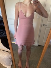 Material Girl Pink Solid V-Neck Strappy Bodycon Mini Dress Ruffle Hem, Size S