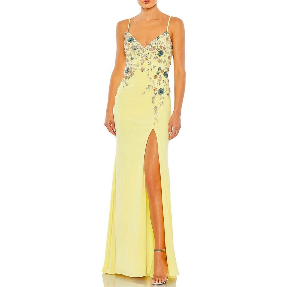 Mac Duggal 42006 Yellow Evening Gown Backless Floral Beaded A-Line Dress Size 10