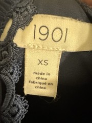 1901 Navy Polka Dot Chiffon Fit & Flare Dress lace detail cut out in back Sz XS